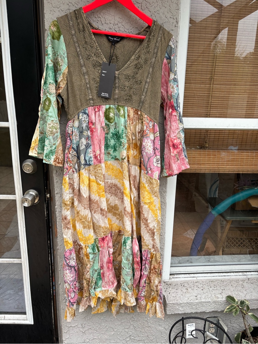 Boho Patchwork Midi Dress in Olive and Multicolor - Unknown Brand
